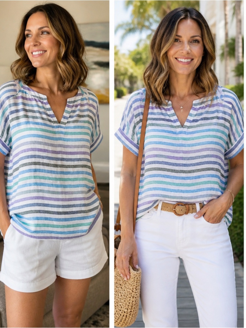 Talbots 100% Linen Striped Blouse Blue Green Size L Short Sleeve